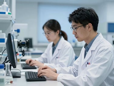 Científicos trabajando en un laboratorio luminoso con herramientas digitales de medición, luz natural, estilo editorial profesional.