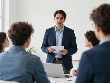 Un tutor explicando conceptos técnicos a un grupo diverso de adultos en un entorno educativo cálido y profesional.