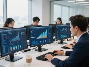 Profesionales colaborando frente a pantallas en una sala de reuniones moderna y luminosa, analizando datos en gráficos nítidos.