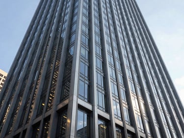 Dramatic low-angle architectural shot of a modern glass and steel skyscraper in Houston, sharp natural light cutting through glass facades, deep shadows, clean lines.