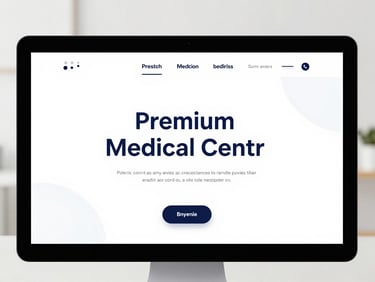 Sleek responsive website mockup of a premium medical center on a desktop screen, clean studio lighting, high-contrast typography