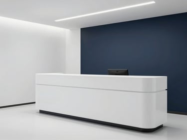 Sleek clinic interior with minimalist architectural lighting, clean empty reception desk, white and deep navy tones