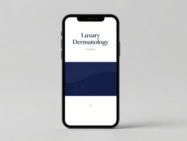 Minimalist website mockup of a luxury dermatology clinic on a mobile screen, soft gray background, elegant layout