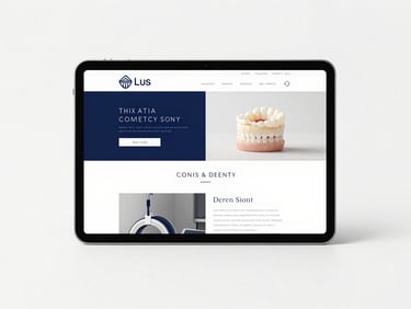 Straight-on mockup of a luxury cosmetic dentistry website displayed on a sleek studio-lit tablet, clean white backdrop, minimalist layout