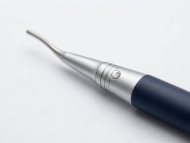 Macro shot of a sleek dental device under bright studio light, metallic textures, shallow depth of field