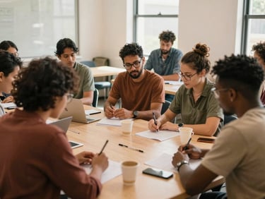 A group of diverse community members collaborating on a local development project, active workshop environment, warm natural daylight, rich earthy tones.