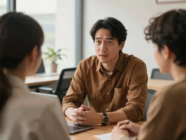 Warm editorial photograph of a mentor and mentee having a focused discussion in a modern office setting, natural morning light, rich earthy tones, medium depth of field, authentic documentary style.