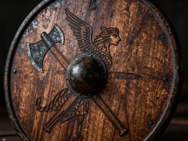 Close-up of a wooden Viking round shield replica, featuring a laser-engraved Valkyrie facing right and crossed axes, dark moody lighting