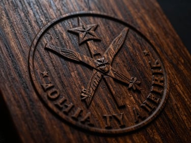 Detailed macro shot of a military emblem laser-engraved on a rich oak plaque, dramatic side lighting highlighting the micro-details of the seal