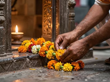 Close-up of a pilgrim's hands placing a marigold garland on a temple threshold in Varanasi, warm candlelight from inside the sanctum, stone floor visible, diffused natural light