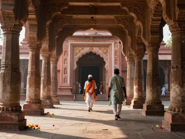 Pilgrims walking a stone-paved corridor toward a temple entrance in Ayodhya, afternoon light slanting through carved arches, flowers scattered on the path