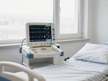 A multi-parameter cardiac monitor displaying vital signs with clean graphics, positioned next to a comfortable recovery bed, soft window light