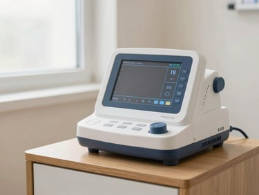 A clinical BiPAP ventilator machine with digital screen active, placed on a wooden nightstand, soft warm lighting, professional clinical environment