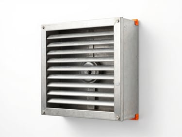 Square wall-mounted industrial exhaust fan, steel louvers, metallic silver finish, clean industrial style