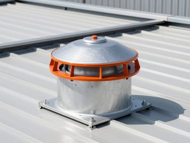 Low-profile industrial roof ventilator installed on a metal building roof, bright daylight, technical angle