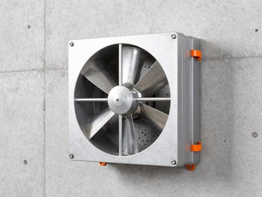 High contrast shot of a square industrial side-wall exhaust fan mounted on a concrete factory wall, metallic steel blades visible