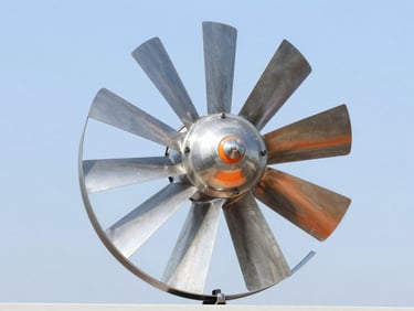 Stainless steel unpowered turbine ventilator, rotating blades, bright sky background, high contrast