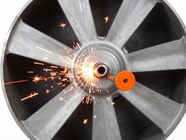 Close-up of industrial welding sparks on a custom steel fan casing, bright orange light, high contrast