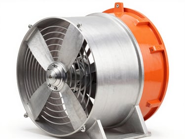 Close-up of a heavy-duty industrial explosion-proof fan, copper-free aluminum housing, safety orange accents, technical studio lighting