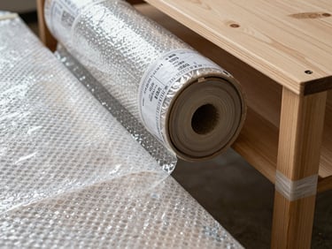 Thick bubble wrap and corrugated sheets surrounding wooden furniture, tightly taped and labeled with inventory numbers, natural daylight.