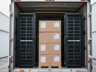 Securely packed server racks and labeled office document boxes stacked inside a clean transport truck, bright warehouse lighting.