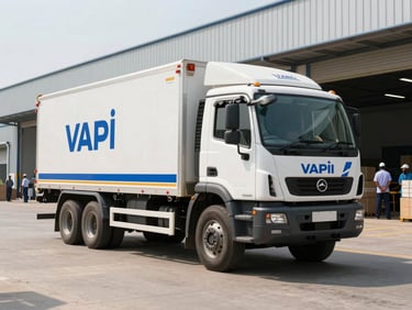 Wide shot, bright natural daylight. A heavy-duty transport truck with clean branding parked securely outside a modern warehouse facility in Vapi, Gujarat, with packing supervisors in uniform visible in the background.