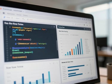 Close-up of a clean digital marketing interface showing real-time conversion tracking setup, code snippets, and analytics graphs, cool-toned professional office light.