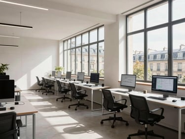 Wide architectural shot of a modern Parisian tech workspace, bright natural daylight streaming through large windows, minimalist desks with clean screens showing analytics.