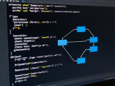 Gros plan minimaliste sur une intégration API réussie, lignes de code propres sur écran sombre, connecteurs graphiques bleus symbolisant la liaison de données.
