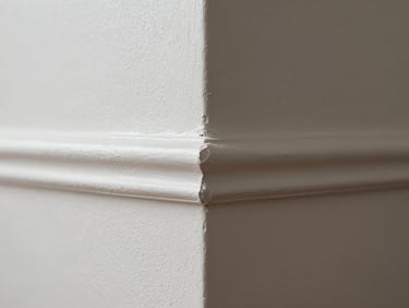 Tight close-up of a freshly painted wall corner showing a crisp paint edge where two colors meet at the trim, even sheen visible under natural window light, no smudges or bleeds