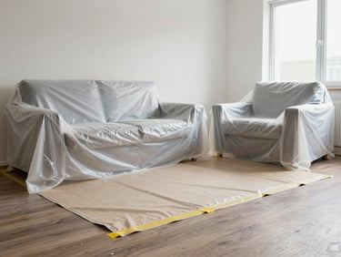 Wide environmental shot of a room with furniture fully covered in drop cloths and plastic sheeting, floor protected with canvas runners, painter's tape precisely applied along the baseboard edge, bright daylight from a window on the right