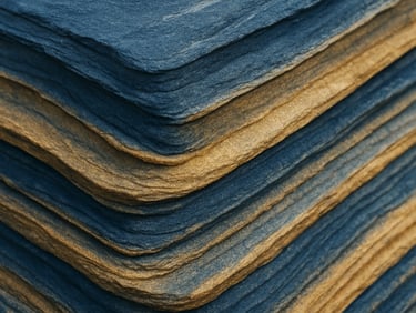 Abstract macro shot of structured stone layers, clean lines, soft natural lighting, deep navy and muted gold tones, 35mm