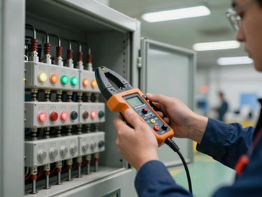 Technician hands — no face — using a clamp meter on live busbars inside an open control panel, indicator lights active, factory floor visible in background out of focus, overhead fluorescent shop lighting