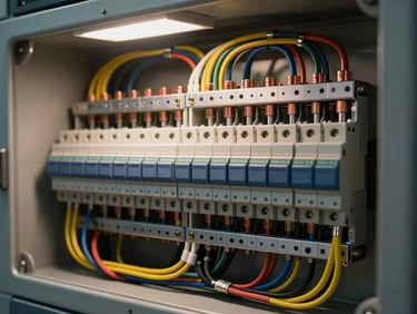 Extreme close-up of a custom power and control panel interior mid-assembly, dense cable runs color-coded and routed through DIN rail mounted terminals, overhead shop light casting hard shadows on copper lugs and breakers, no faces visible