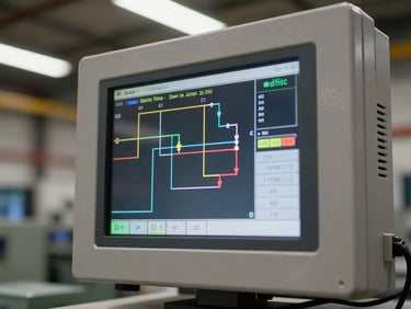 Close-up of a PLC display screen showing live ladder logic diagnostics, scan time and I/O status visible on screen, reflected in the polished panel door, overhead factory bay lighting, no people