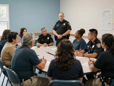 A warm, daylight photo of a neighborhood community center with a diverse group of residents and police officers sitting around a table talking, 35mm editorial style.