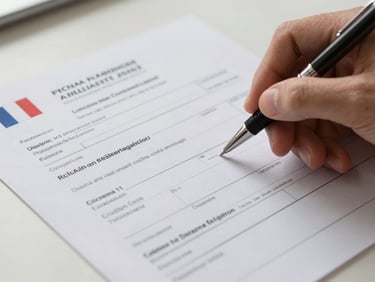 Close-up of official French administrative forms and a residence permit document spread on a light surface, a hand holding a pen ready to fill in fields, soft daylight from the side
