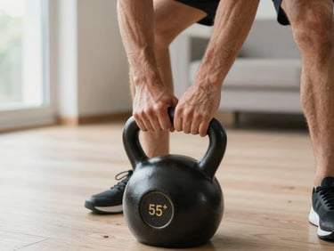 Close-up of a 55+ man's hands and forearms gripping a kettlebell handle during a deadlift position in a bright home space, muscles engaged visibly, natural window light from the left, clean wood floor
