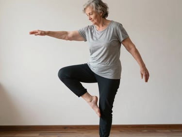 55+ woman mid-movement in a controlled lateral step exercise in a bright living room, arms extended for balance, full focus on foot placement and hip position, natural light from a wide window, clean minimal background