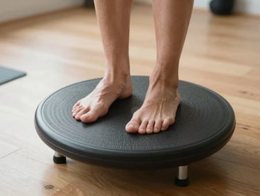 Close-up overhead shot of a 55+ adult's feet on a balance board in a bright home gym, toes gripping the surface during a stability drill, natural light across the wood floor, minimal equipment visible