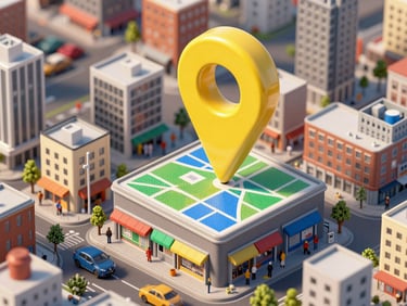 Isometric 3D miniature world of a bustling city block with a massive yellow Google Maps pin dropped on a store roof, bold ink outlines, halftone dot textures, vibrant primary colors.