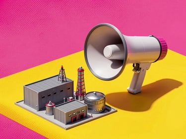 Isometric pop-art miniature world showing a tiny factory connected to a massive megaphone, bold ink shadows, vibrant magenta and yellow halftone textures, high contrast.