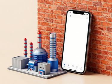 Isometric 3D miniature factory with a giant smartphone leaning against its brick wall showing a clean interface, bold ink outlines, halftone dot textures, vibrant primary colors.
