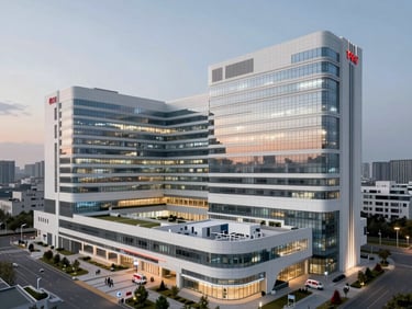 Complex MEP coordination view of a healthcare facility hospital ceiling, color-coded piping, dark background
