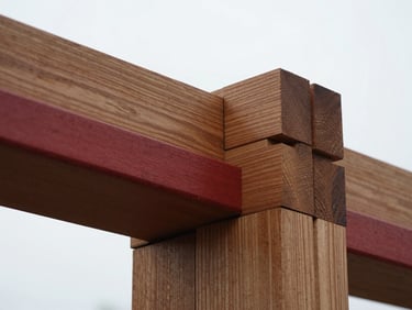 Close-up macro architectural shot of a perfectly aligned mortise and tenon joint in premium oak timber, soft overcast daylight