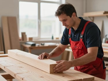 A master craftsman in clean branded attire carefully inspecting a raw block of architectural timber in a bright workshop