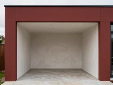 Straight-on architectural photograph of a modern UK home renovation interior, showing clean structural lines and seamless plastering