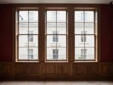 Straight-on architectural photograph of a luxury Belgravia townhouse interior, custom oak wall paneling, soft overcast daylight through sash windows, minimalist furniture, 35mm lens