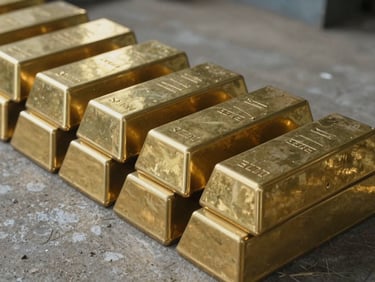 Close-up of raw brass ingots stacked systematically on a concrete foundry floor in Moradabad, harsh natural side light highlighting metallic textures.