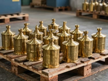Industrial brassware components stacked neatly on a wooden pallet inside a Moradabad factory, natural side light.